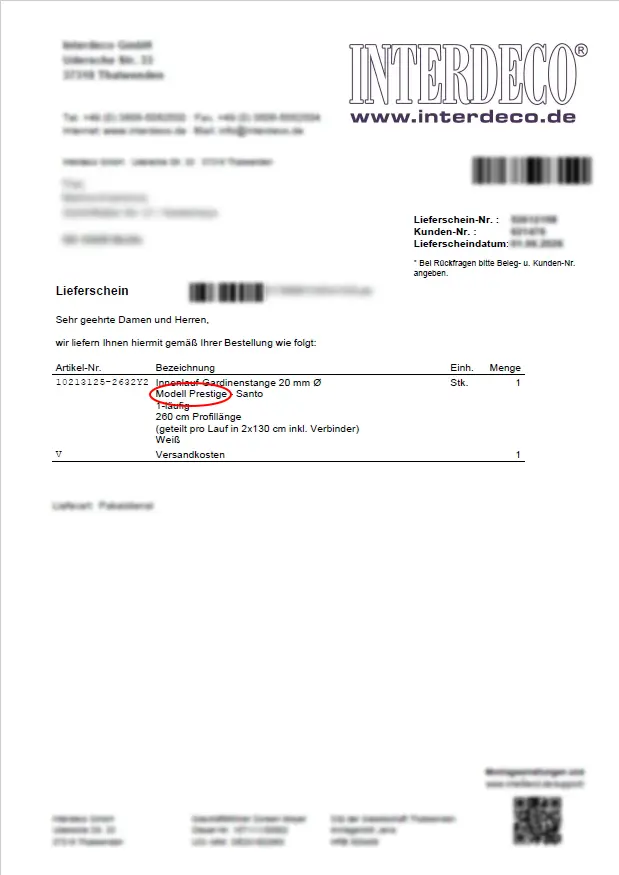 Musterlieferschein mit markierter Position des Systemnamens