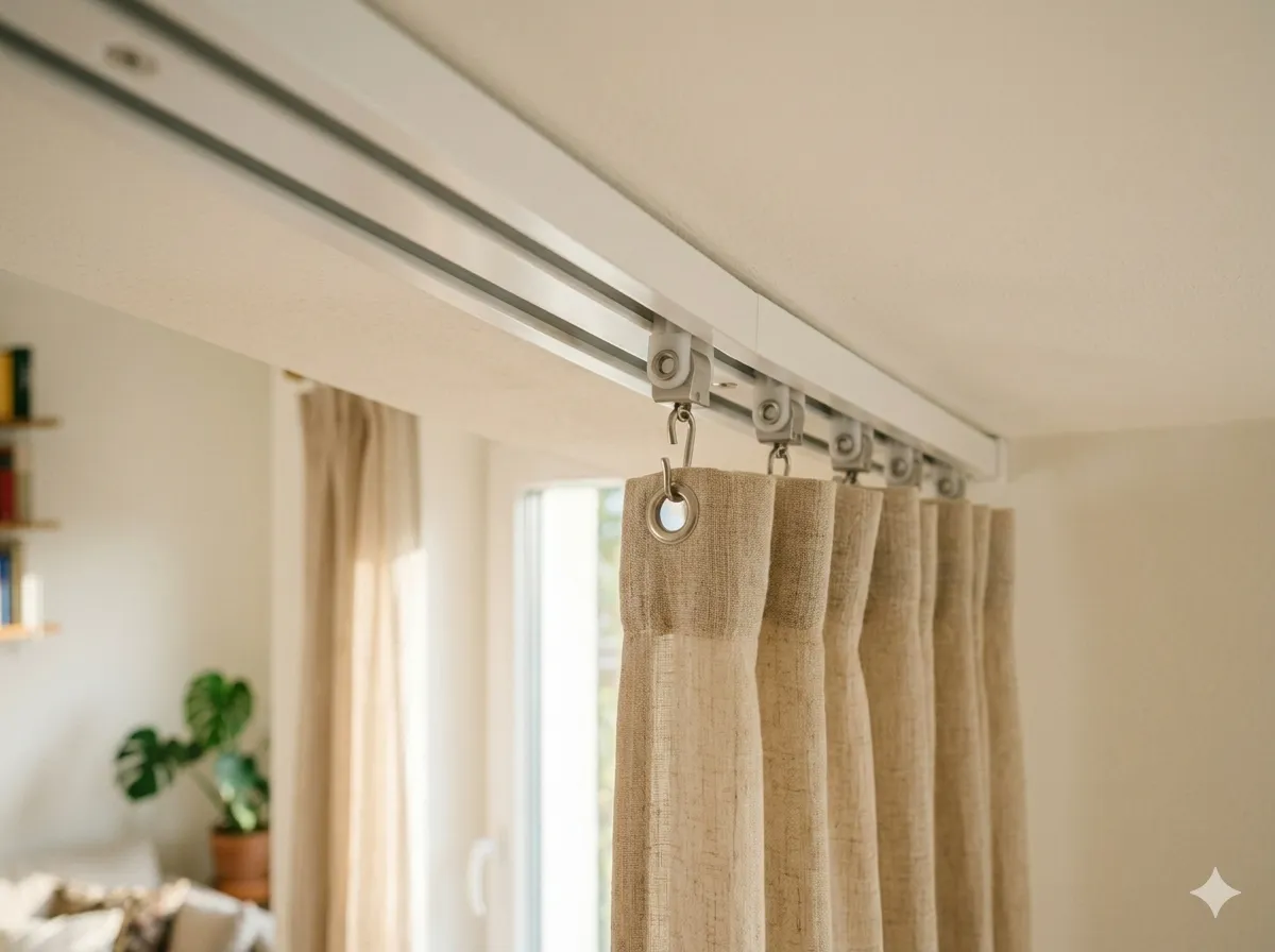 Gardinenschiene Aluminium 2-läufig mit Schiebevorhang im Wohnzimmer montiert