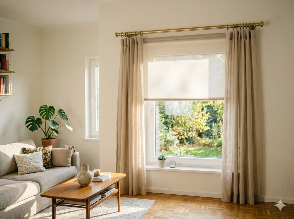 Seitenzugrollo nach Maß in hellem Wohnzimmer — Sonnenschutz mit Lichtspiel