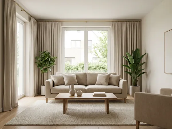 Gemütliches Wohnzimmer mit eleganten Gardinen und warmem Tageslicht — Interdeco