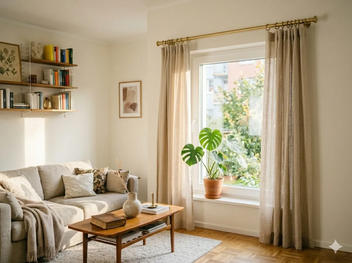 Gemütliches Wohnzimmer mit eleganten Gardinen und warmem Tageslicht — Interdeco