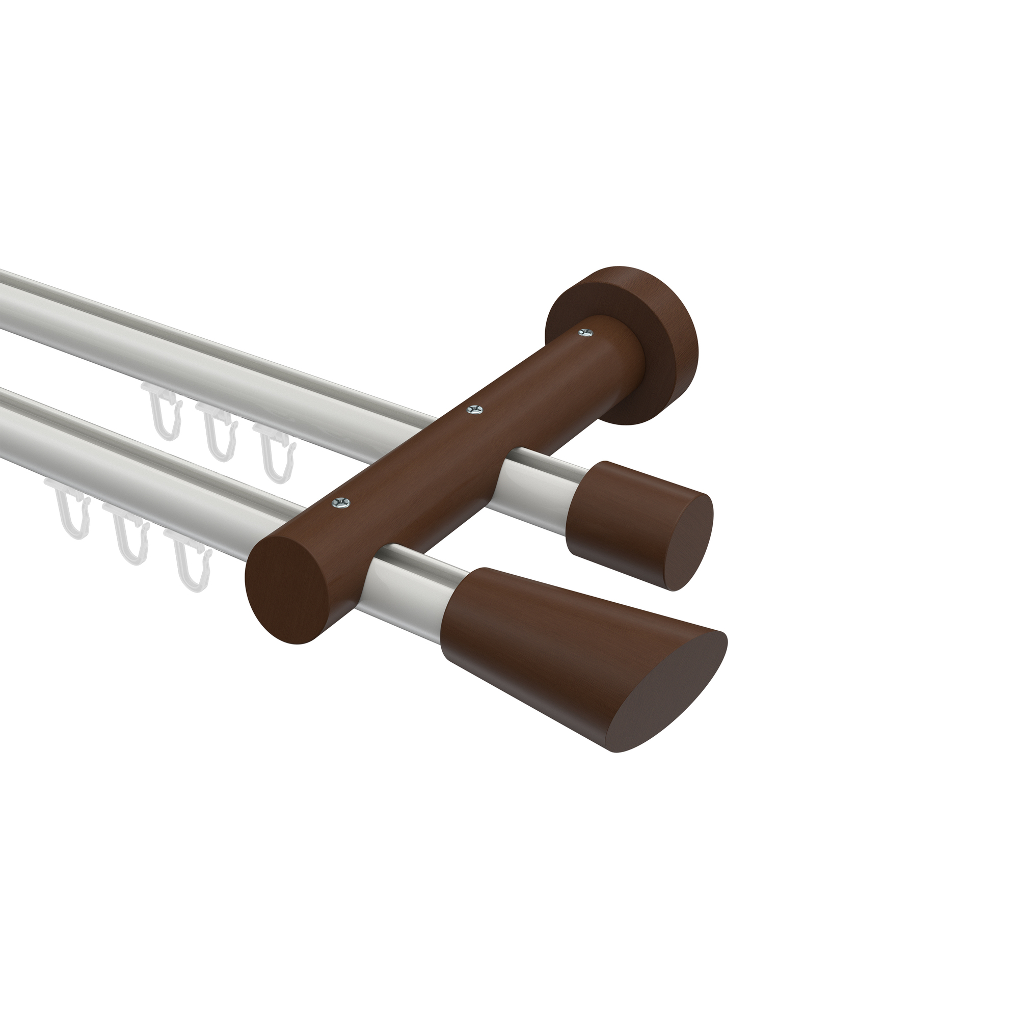 Innenlauf-Gardinenstangen Weiß / Nussbaum 20 mm Ø doppelläufig Talent Bero Aluminium / Holz