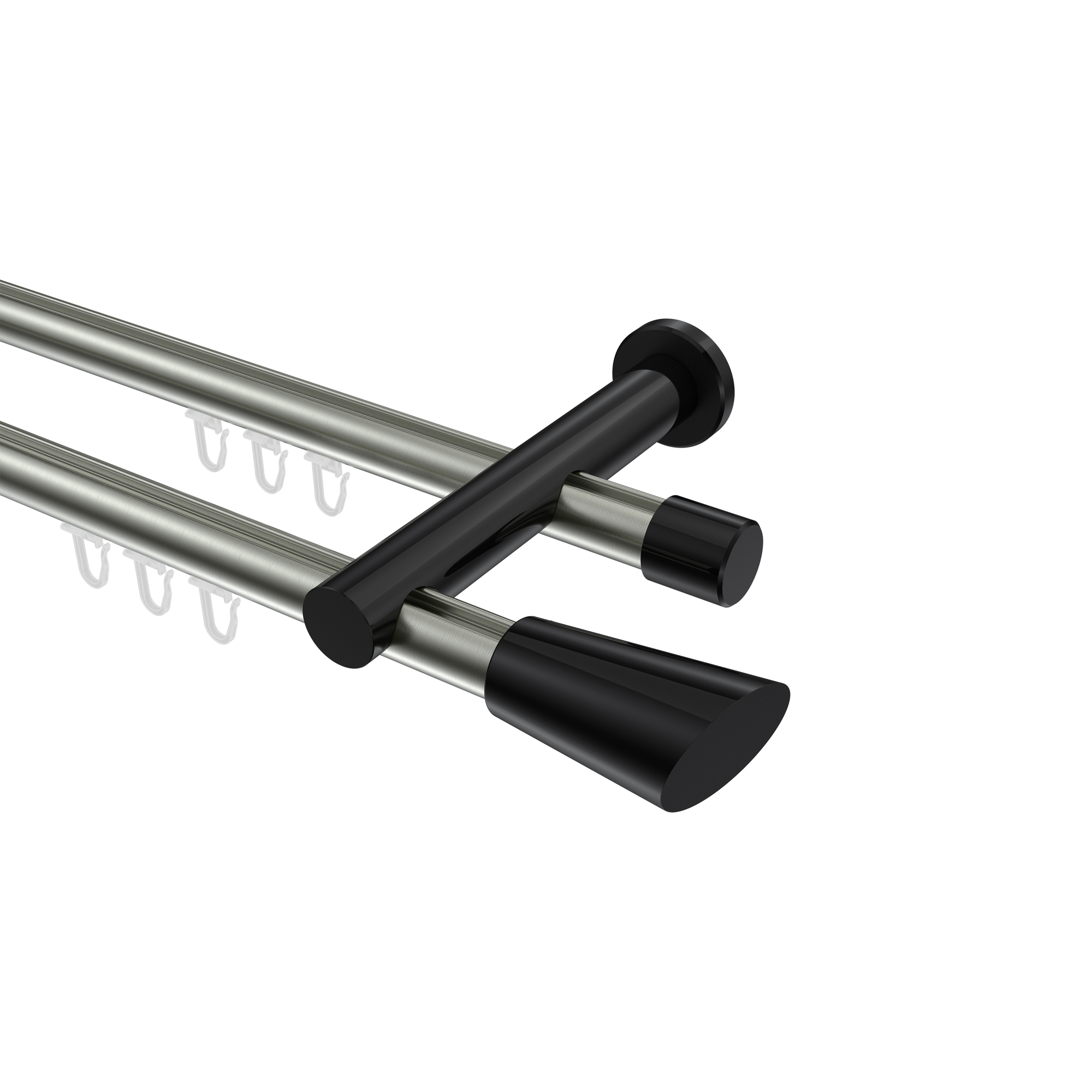 Innenlauf-Vorhangstangen Edelstahl-Optik / Schwarz, Metall 20 mm Ø Platon Bento, zweiläufig