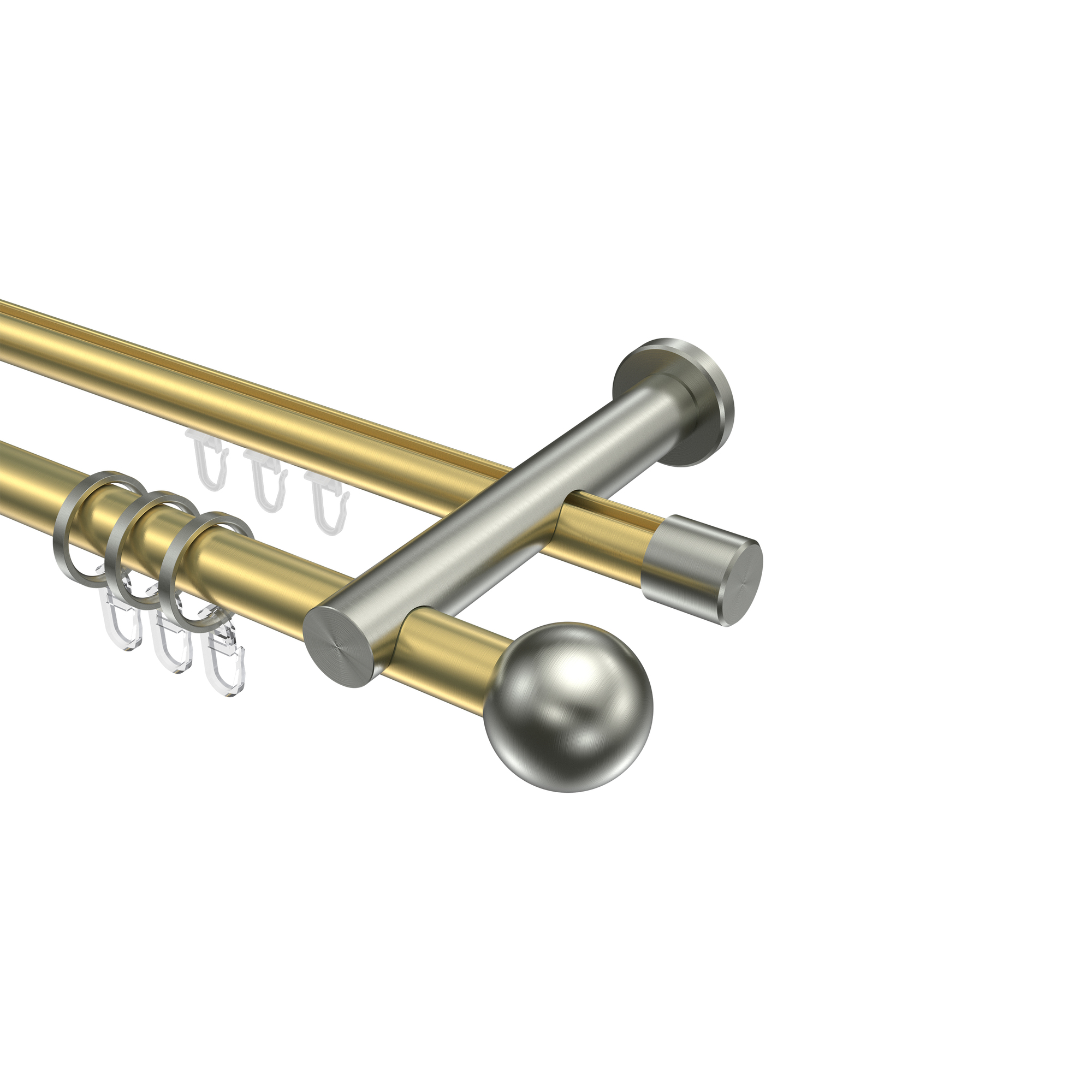 Gardinenstangen mit Innenlauf / Rundrohr Messing-Optik / Edelstahl-Optik 20 mm Ø Platon Luino, 2-läufig
