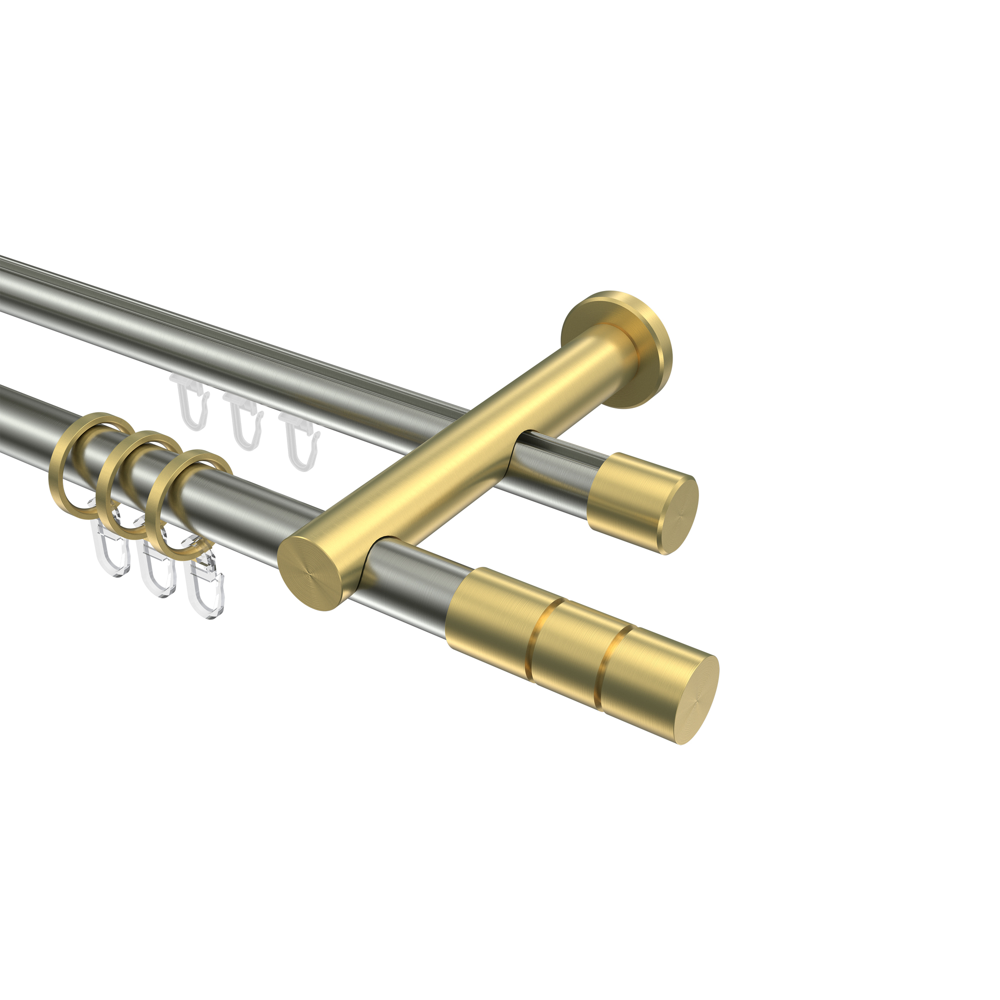 Gardinenstangen mit Rundrohr-Innenlauf Edelstahl-Optik / Messing-Optik 20 mm Ø Platon Elanto, 2-läufig